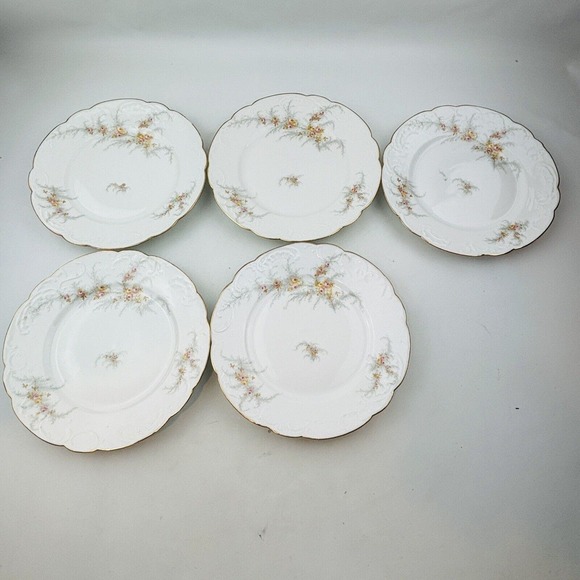Limoges Elite 5 Salad Plate Lot Pink Yellow Floral Spray Gold Rim J.Mc.D&S - Picture 1 of 6